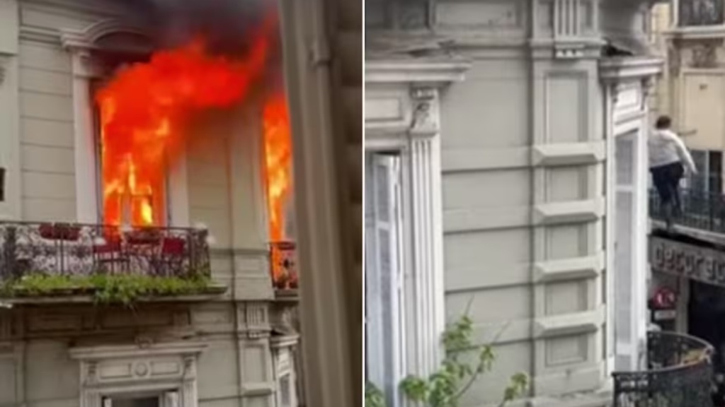 Video: Se prendió fuego un edificio y una mujer se colgó de un cable para escapar