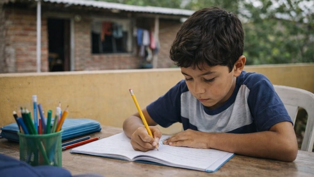 niño realizando tarea en programa de apoyo escolar