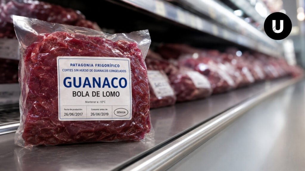 Cortes de carne de guanaco, búfalo, pollo y cerdo exhibidos para su comercialización.