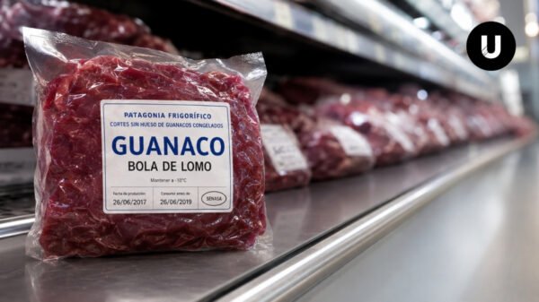 Cortes de carne de guanaco, búfalo, pollo y cerdo exhibidos para su comercialización.
