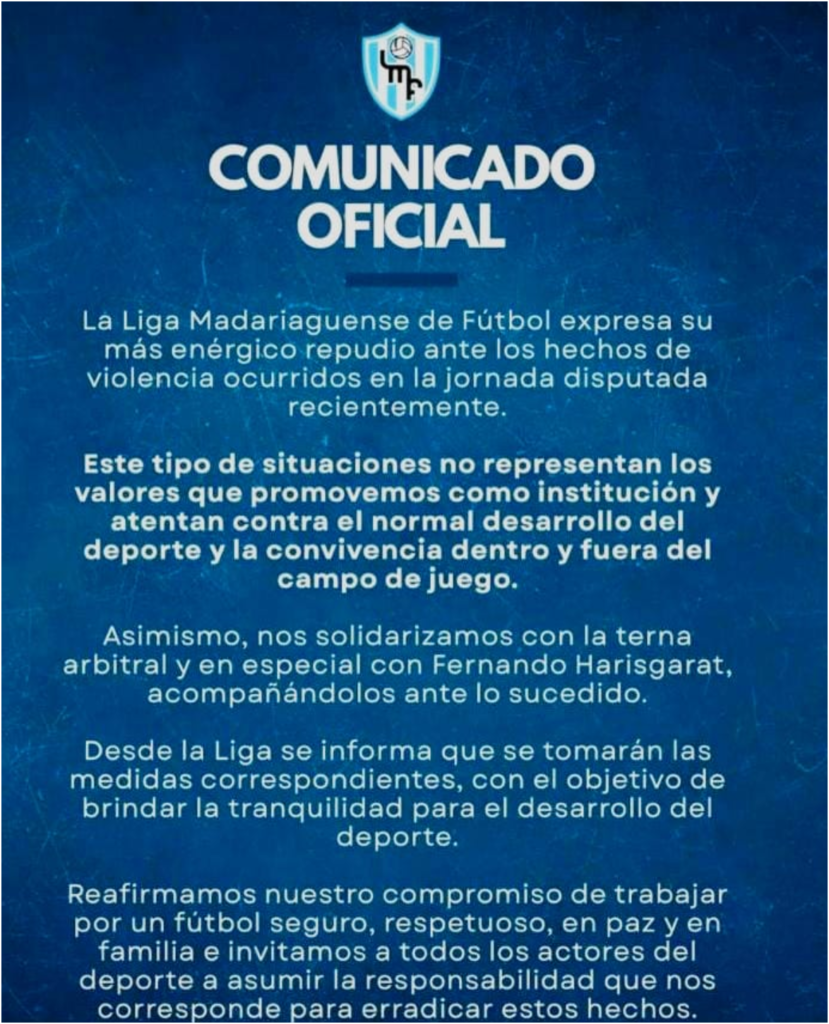 Comunicado oficial de la Liga Madariaguense por agresión a árbitro