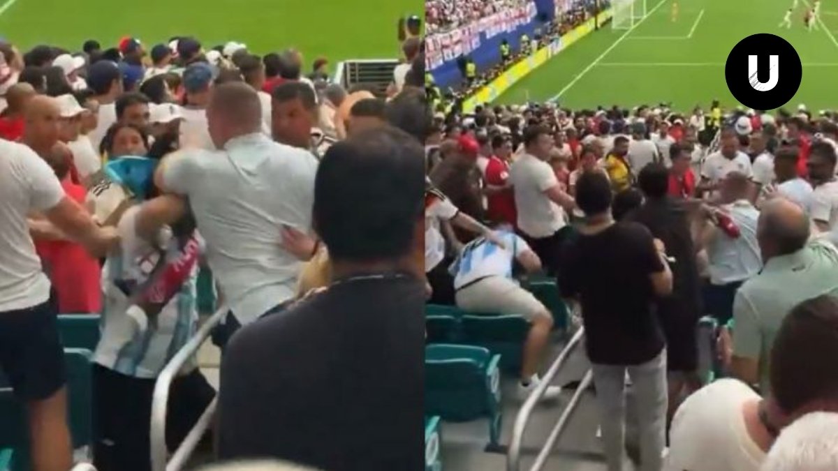 Hinchas de Argentina e Inglaterra durante el Mundial 2026 con presencia policial en los alrededores del estadio.