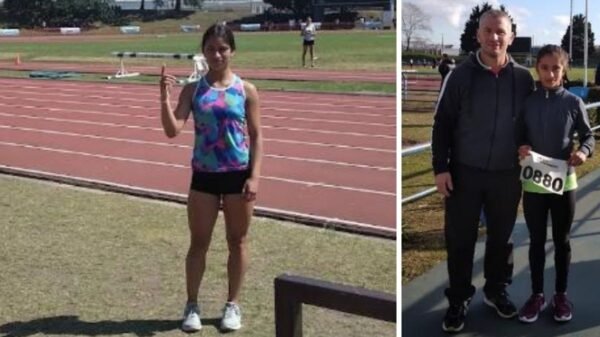 Valentina Denaro junto a su papá durante un entrenamiento o una competencia de atletismo.